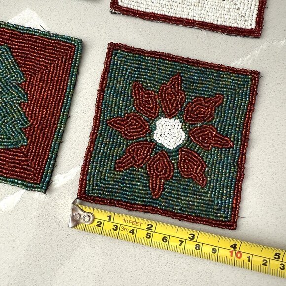 Crate & Barrel Set Of 4 Beaded Coasters Christmas Holiday 4” Square Fabric Back - Picture 7 of 7